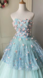 Beauty Ball Gown Light Blue Strapless Pleated Tulle Prom Dresses Evening Gala Gown Sweet 16 Dress HZ0319
