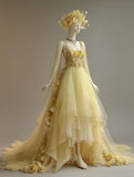 A Line Prom Dress Light Yellow Spaghetti Straps Pleated Tulle Formal Dresses Evening Dress Gala Gown HZ0319