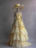 A Line Prom Dress Light Yellow Straps Tulle Tiered Formal Dresses Evening Dress Gala Gown HZ0319