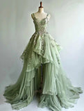A Line Prom Dress Light Green Spaghetti Straps Tulle Appiques Pleated Formal Dresses Evening Dress Gala Gown HZ0319