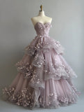 New Arrival Ball Gown Sweetheart Tulle Tiered Floral Prom Dresses Evening Gala Gown Quinceanera Dress HZ0319