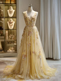 A Line Prom Dress V-neck Tulle Pleated Birthday Party Outfits Evening Dress Gala Gown HZ0319