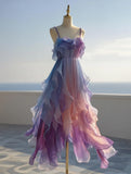 A Line Prom Dress Ombre Spaghetti Straps Pleated Birthday Party Outfits Evening Dress Gala Gown HZ0319