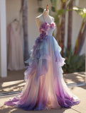 A Line Prom Dress Ombre Halter Ruffle Flower Birthday Party Outfits Evening Dress Gala Gown HZ0319