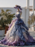 Beauty Ball Gown Ombre Spaghetti Straps Ruffle Prom Dresses Evening Gala Gown Quinceanera Dress HZ0319