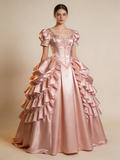 Vintage Ball Gown Pink Square Neck Pleated Prom Dresses Evening Gala Gown Quinceanera Dress HZ0319