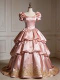Beauty Ball Gown Pink Square Neck Pleated Prom Dresses Quinceanera Dress Evening Gala Gown HZ0319