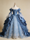 Gorgeous Ball Gown Blue Off Shoulder Pleated Lace Prom Dresses Quinceanera Dress Evening Gala Gown HZ0319