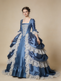 Beauty Ball Gown Blue Square Neck Lace Pleated Prom Dresses Sweet 16 Dress Evening Gala Gown HZ0319