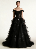 Beauty Prom Dress Black Off Shoulder Pleated Tulle Gala Gown Birthday Party Outfits Evening Dress HZ0319
