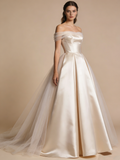 Elegant Wedding Dress Satin Off Shoulder Pleated Tulle Wedding Dress HZ0319