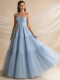 A Line Prom Dress Spaghetti Straps Pleated Tulle Gala Gown Birthday Party Outfits Evening Dress HZ0319