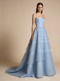 A Line Prom Dress Light Blue Spaghetti Straps Birthday Party Outfits Gala Gown Evening Dress HZ0319