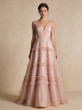 Elegant Prom Dress A Line V-neck Pleated Tulle Birthday Party Outfits Gala Dress Evening Gown HZ0319