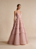 A Line Prom Dress Light Pink V-neck Pleated Birthday Party Outfits Gala Dress Evening Gown HZ0319