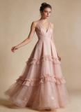 A Line Prom Dress Light Pink V-neck Pleated Tulle Gala Dress Birthday Party Outfits Evening Gown HZ0319
