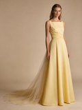 A Line Prom Dress Light Yellow Boat Neck Pleated Gala Dress Birthday Party Outfits Evening Gown HZ0319