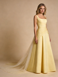 A Line Prom Dress Light Yellow Square Neck Pleated Gala Dress Birthday Party Outfits Evening Gown HZ0319
