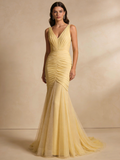 Light Yellow Prom Dress V-neck Pleated Tulle Mermaid Birthday Party Outfits Gala Dress Evening Gown HZ0319