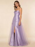 A Line Prom Dress Light Purple Spaghetti Straps Slit Evening Gown Birthday Party Outfits Gala Dress HZ0319
