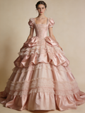 Elegant Ball Gown Light Pink Square Neck Pleated Prom Dresses 17th Dress Evening Gala Gown HZ0319