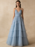 A Line Prom Dress Light Blue V-neck Pleated Tulle Evening Gown Birthday Party Outfits Gala Dress HZ0319