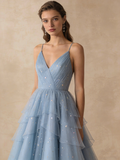 A Line Prom Dress Light Blue V-neck Pleated Tulle Evening Gown Birthday Party Outfits Gala Dress HZ0319