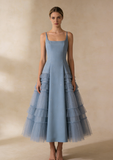 A Line Prom Dress Light Blue Square Neck Pleated Tulle Evening Gown Birthday Party Outfits Gala Dress HZ0319