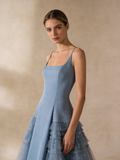 A Line Prom Dress Light Blue Square Neck Pleated Tulle Evening Gown Birthday Party Outfits Gala Dress HZ0319
