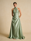 A Line Prom Dress Light Green Halter Beading Evening Gown Birthday Party Outfits Gala Dress HZ0319
