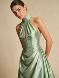 A Line Prom Dress Light Green Halter Beading Evening Gown Birthday Party Outfits Gala Dress HZ0319