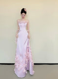 Beauty Prom Dress Light Pink Strapless Floral Gala Dress Evening Gown Birthday Party Outfits HZ0319