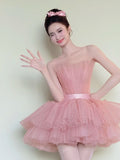 Cute Homecoming Dress Pink Strapless Tulle Pleated Short Back to School Prom Dress Birthday Outfits HZ0319