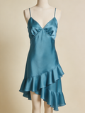 Stunning Prom Dress Satin Blue V-neck Beading Gala Dress Evening Gown Birthday Party Outfits HZ0319