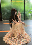 Charming Prom Dress Spaghetti Straps Pleated Tulle Floral Gala Evening Gown Dress Birthday Party Outfits HZ0319