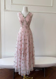 Fashion Prom Dress V-neck Pink Floral Gala Evening Gown Dress Birthday Party Outfits HZ0319