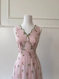 Fashion Prom Dress V-neck Pink Floral Gala Evening Gown Dress Birthday Party Outfits HZ0319