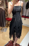 Charming Prom Dress Black Spaghetti Straps Ruffle Evening Dresses Chiffon Gala Gown Cocktail Outfits HZ0319