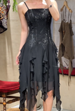 Charming Prom Dress Black Spaghetti Straps Ruffle Evening Dresses Chiffon Gala Gown Cocktail Outfits HZ0319
