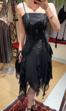 Charming Prom Dress Black Spaghetti Straps Ruffle Evening Dresses Chiffon Gala Gown Cocktail Outfits HZ0319