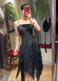 Charming Prom Dress Black Spaghetti Straps Ruffle Evening Dresses Chiffon Gala Gown Cocktail Outfits HZ0319