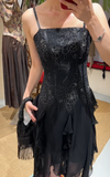 Charming Prom Dress Black Spaghetti Straps Ruffle Evening Dresses Chiffon Gala Gown Cocktail Outfits HZ0319