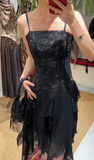Charming Prom Dress Black Spaghetti Straps Ruffle Evening Dresses Chiffon Gala Gown Cocktail Outfits HZ0319