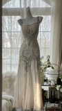 Elegant Ivory Straps Sheath Chiffon Beaded Vintage Long Evening Party Dresses, HZ0319