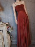 Burgundy Spaghetti Straps A-Line Satin Pleated Long Evening Party Dresses, HZ0319