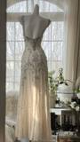 Elegant Ivory Straps Sheath Chiffon Beaded Vintage Long Evening Party Dresses, HZ0319