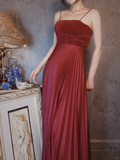 Burgundy Spaghetti Straps A-Line Satin Pleated Long Evening Party Dresses, HZ0319