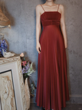 Burgundy Spaghetti Straps A-Line Satin Pleated Long Evening Party Dresses, HZ0319