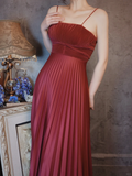 Burgundy Spaghetti Straps A-Line Satin Pleated Long Evening Party Dresses, HZ0319