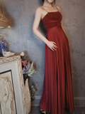 Burgundy Spaghetti Straps A-Line Satin Pleated Long Evening Party Dresses, HZ0319